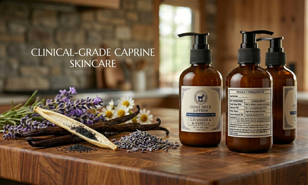Three bottles of clinical-grade caprine skincare products on a wooden surface with lavender and vanilla beans.