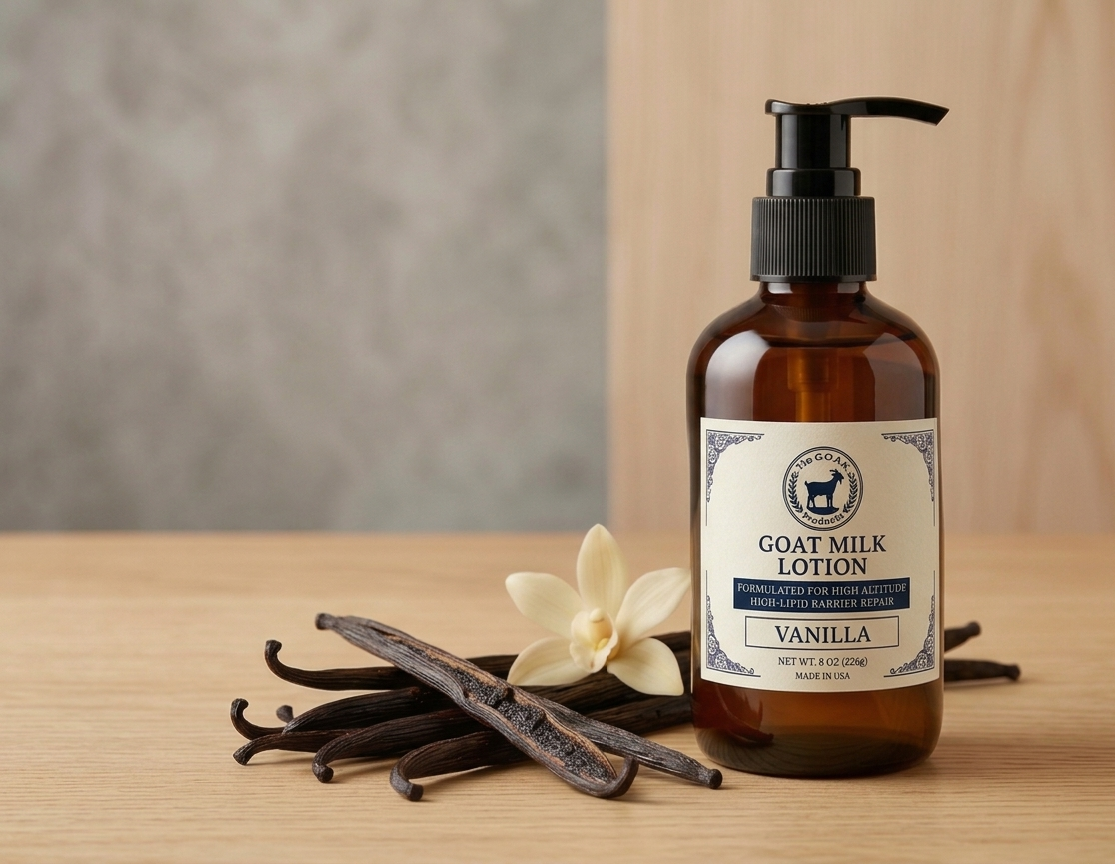 Goat milk lotion bottle with vanilla beans and a flower on a wooden surface